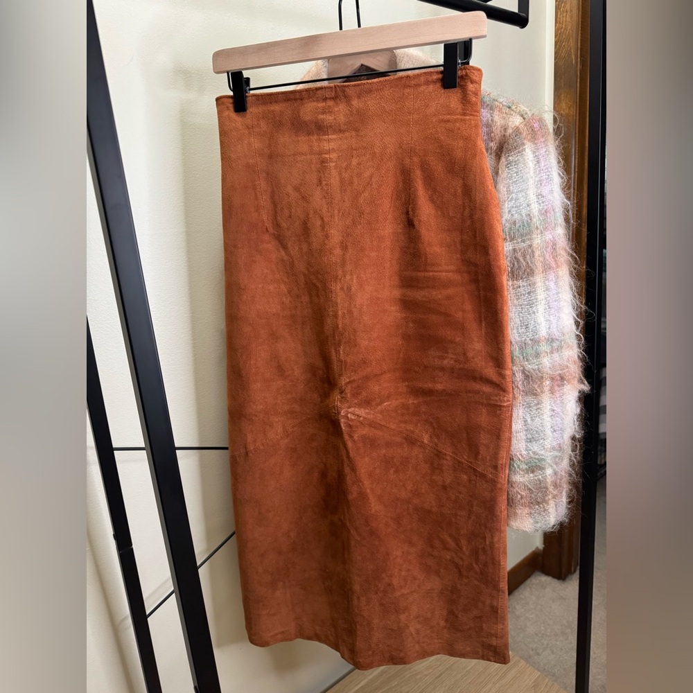Vintage Suede Leather Skirt Brown Orange Tan High Waisted Skirt 80s Size US 4.